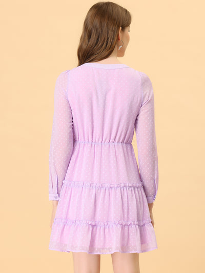 Long Sleeve Swiss Dot Elastic Waist A-Line Tiered Flowy Chiffon Dress