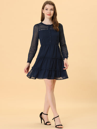 Long Sleeve Swiss Dot Elastic Waist A-Line Tiered Flowy Chiffon Dress