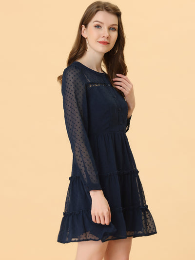 Long Sleeve Swiss Dot Elastic Waist A-Line Tiered Flowy Chiffon Dress