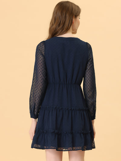 Long Sleeve Swiss Dot Elastic Waist A-Line Tiered Flowy Chiffon Dress