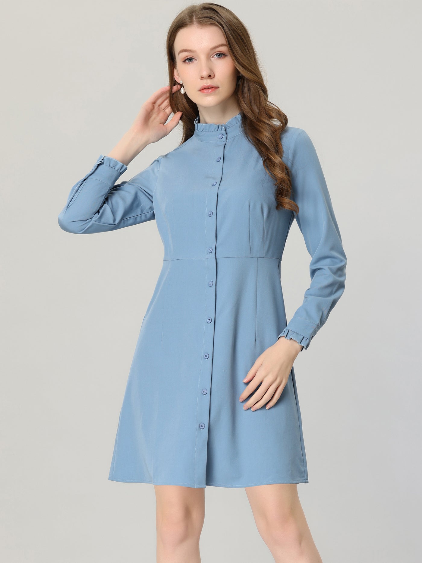 Allegra K Office Work Elegant Ruffle Mock Neck Single Breasted Shirt Dress