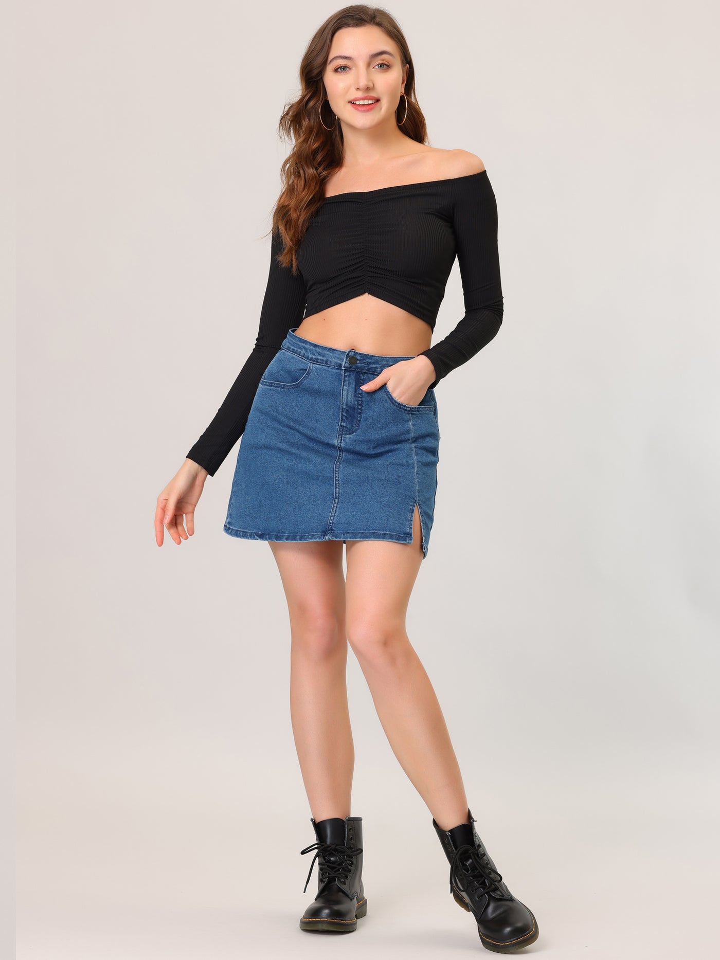 Allegra K High Waist Denim Side Slit Casual Stretch Short Mini Jean Skirts