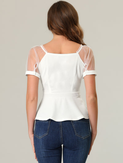 Square Neck Mesh Sheer Sleeve Peplum Tops