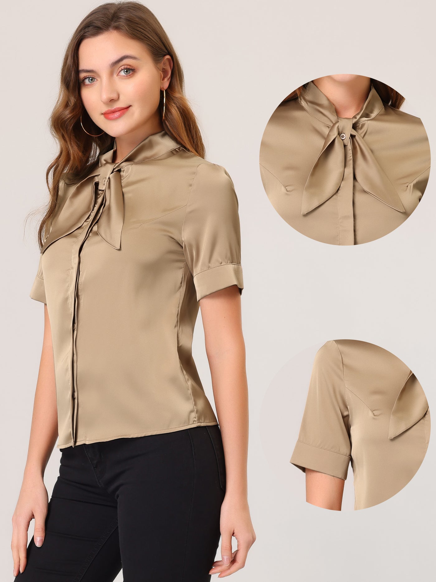 Allegra K Work Tie Neck Short Sleeve Satin Elegant Button Down Shirt