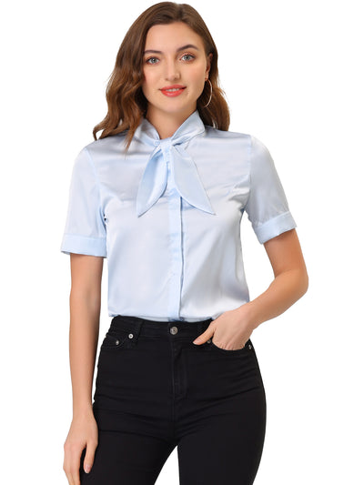 Work Tie Neck Short Sleeve Satin Elegant Button Down Shirt