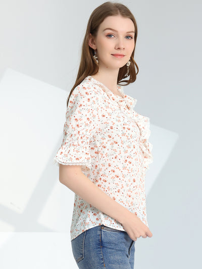 Ruffle Puff Sleeve Lace Trim Chiffon Peasant Blouse