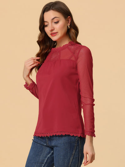 Lace Mesh Long Sleeve Round Neck Casual Elegant Blouse