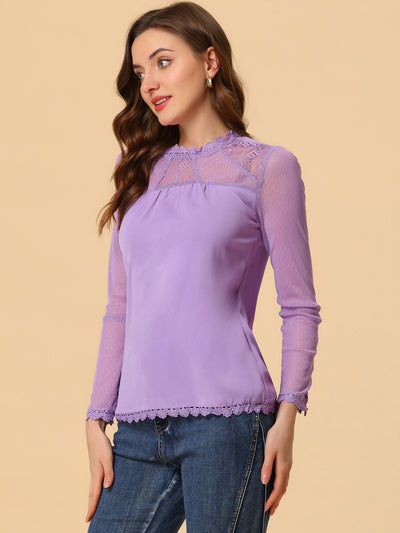 Lace Mesh Long Sleeve Top Round Neck Casual Elegant Blouse