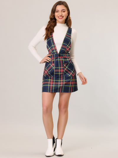 Allegra K Plaid Overall Dress V Neck Mini Pinafore Suspender Skirt