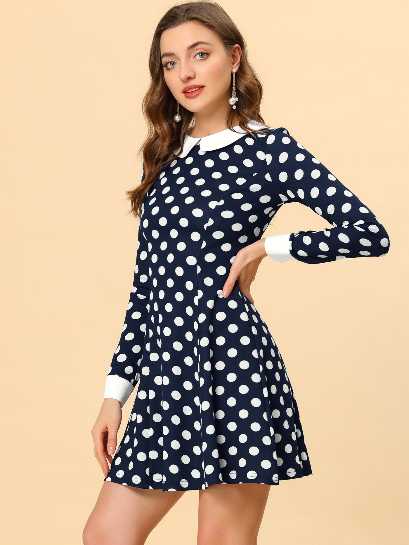 Allegra K Peter Pan Collar Contrast Printed A-Line Short Dress