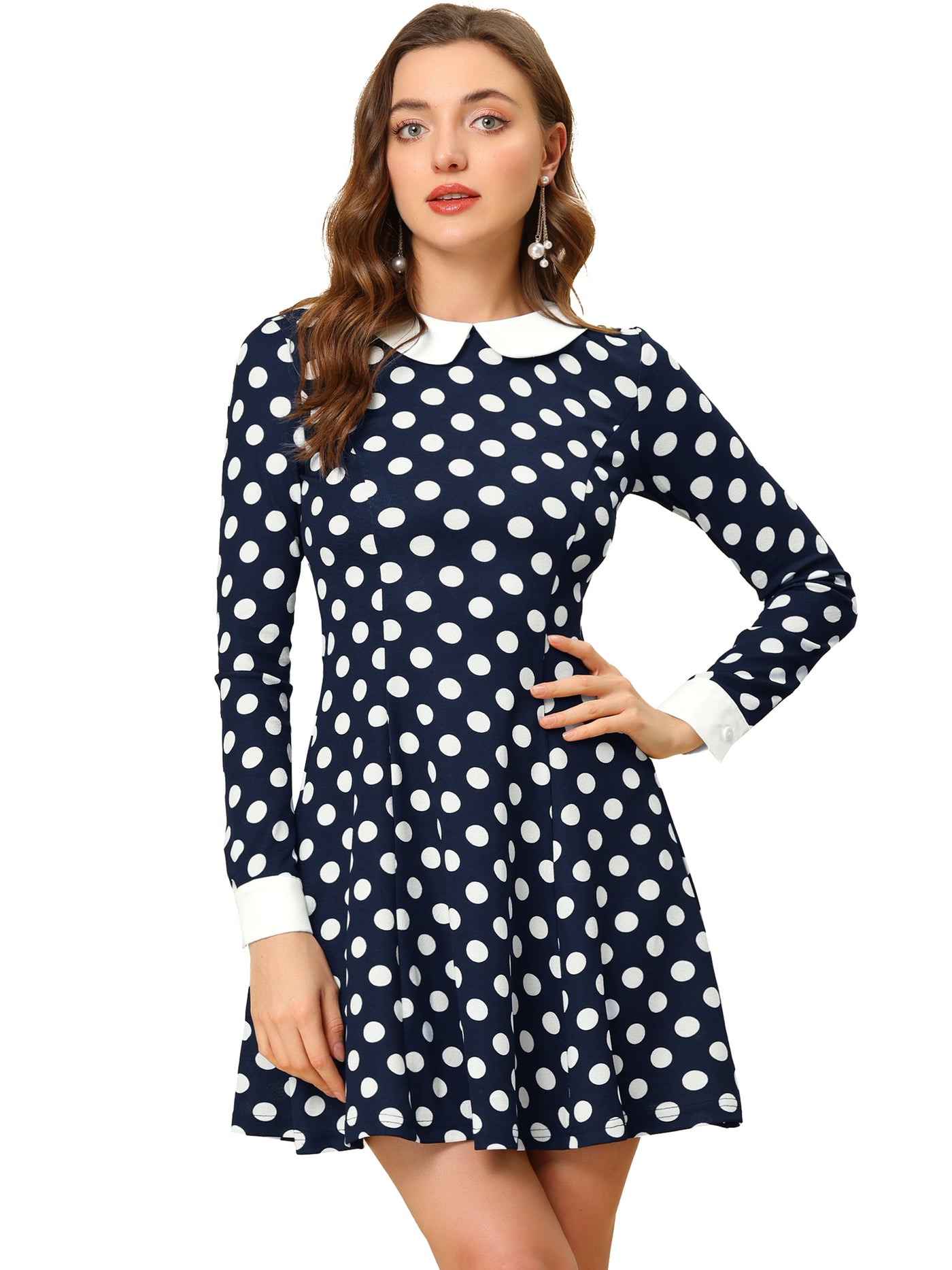 Allegra K Peter Pan Collar Contrast Printed A-Line Short Dress