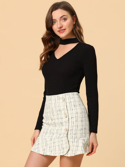 Plaid Ruffle Hem Button Decor Tweed Mini Skirt