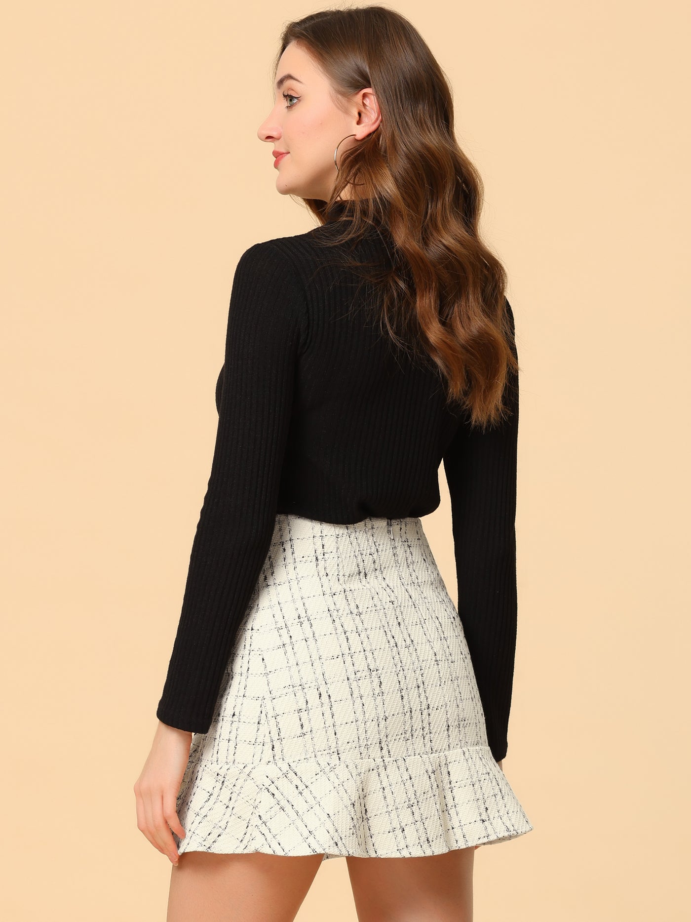 Allegra K Plaid Ruffle Hem Button Decor Tweed Mini Skirt
