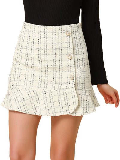 Plaid Ruffle Hem Button Decor Tweed Mini Skirt