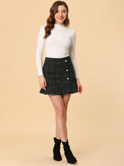 Plaid Ruffle Hem Button Decor Tweed Mini Skirt