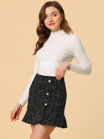 Plaid Ruffle Hem Button Decor Tweed Mini Skirt