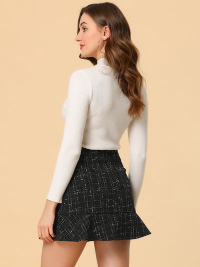 Plaid Ruffle Hem Button Decor Tweed Mini Skirt