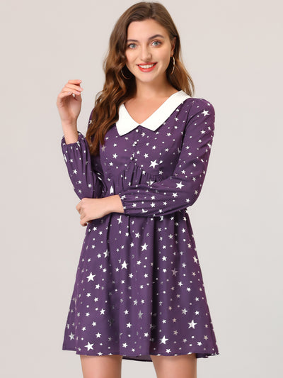 Women's Star Printed Long Sleeve Metallic Party A-Line Peter Pan Collar Mini Dress