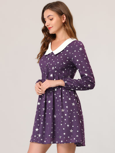 Women's Star Printed Long Sleeve Metallic Party A-Line Peter Pan Collar Mini Dress