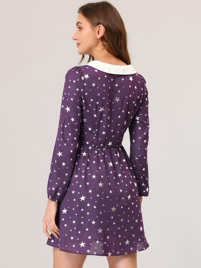 Women's Star Printed Long Sleeve Metallic Party A-Line Peter Pan Collar Mini Dress