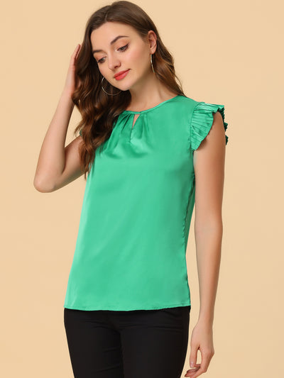 Satin Work Office Top Cut Out Keyhole Back Pleated Cap Sleeve Blouse