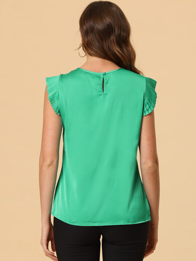 Satin Work Office Top Cut Out Keyhole Back Pleated Cap Sleeve Blouse