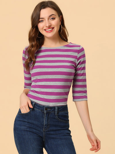 Casual Striped Elbow Sleeve Basic Boat Neck T-shirt