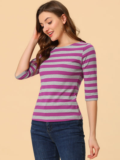 Casual Striped Elbow Sleeve Basic Boat Neck T-shirt