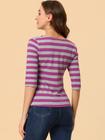 Casual Striped Elbow Sleeve Basic Boat Neck T-shirt