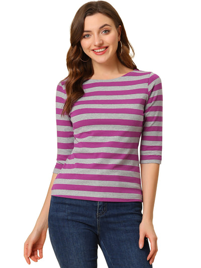 Casual Striped Elbow Sleeve Basic Boat Neck T-shirt