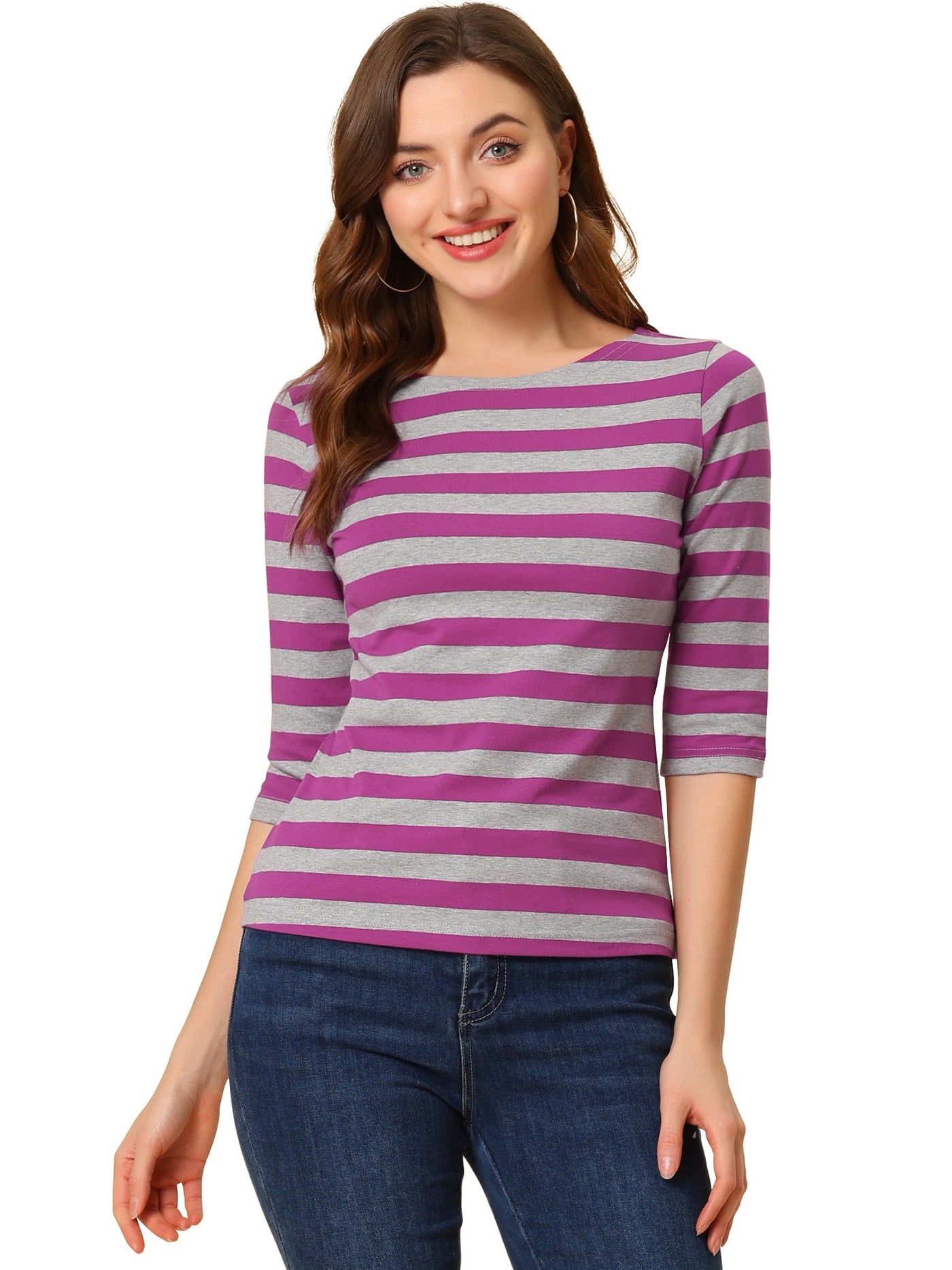 Allegra K Casual Striped Elbow Sleeve Basic Boat Neck T-shirt