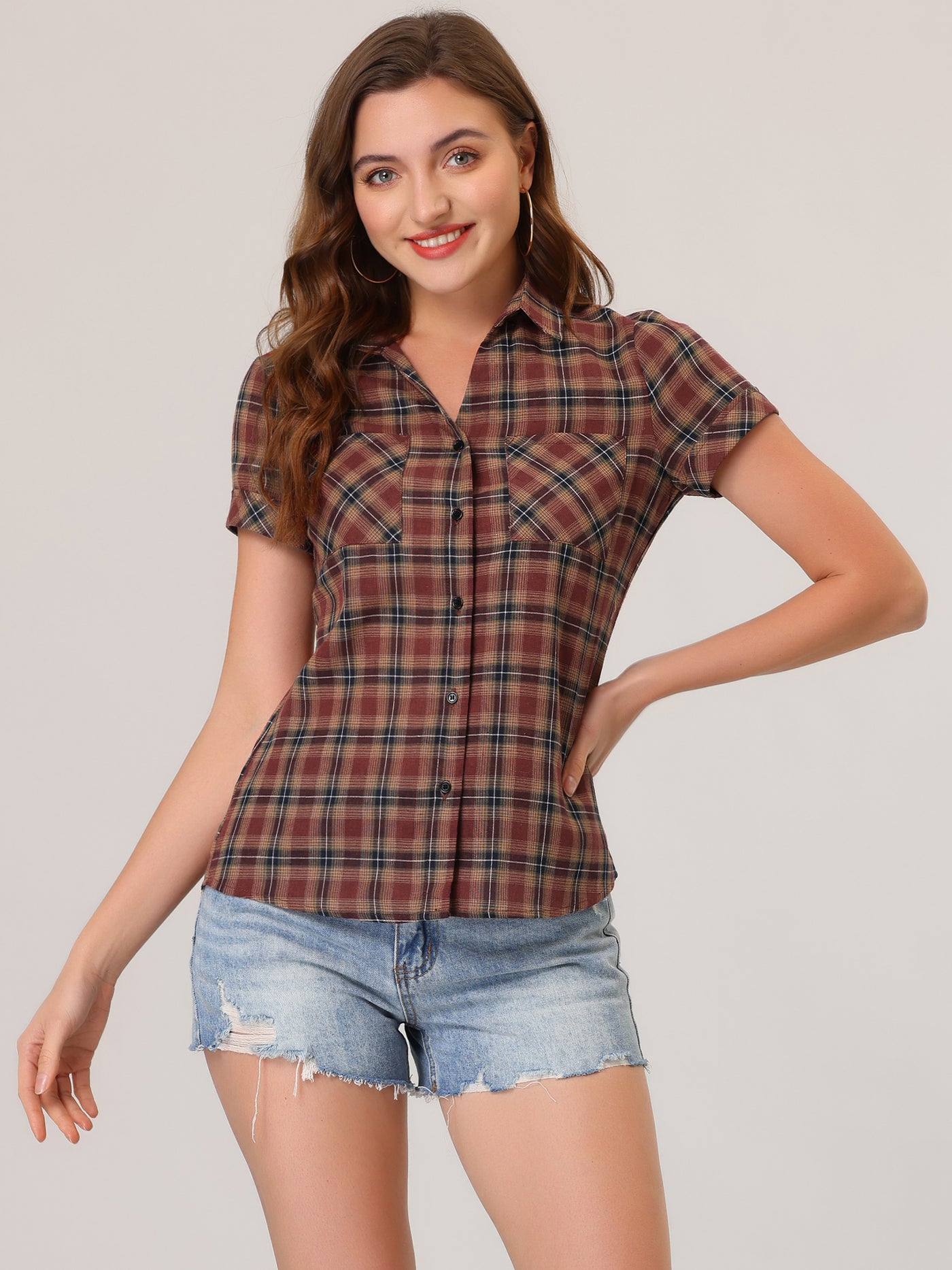 Allegra K Button Down Cotton Classic Western Plaid Shirt