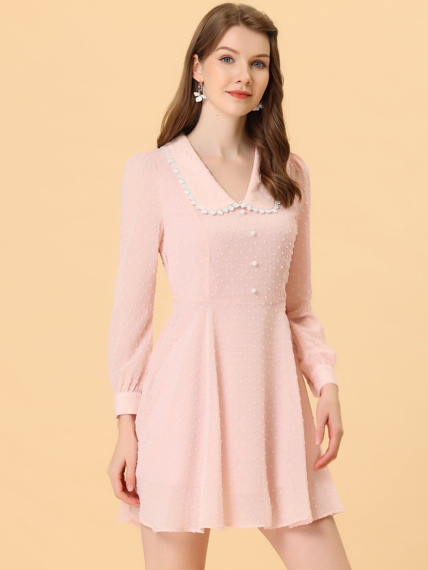 Allegra K Peter Pan Collar Crochet Trim Long Sleeve Swiss Dots Retro Mini Dress