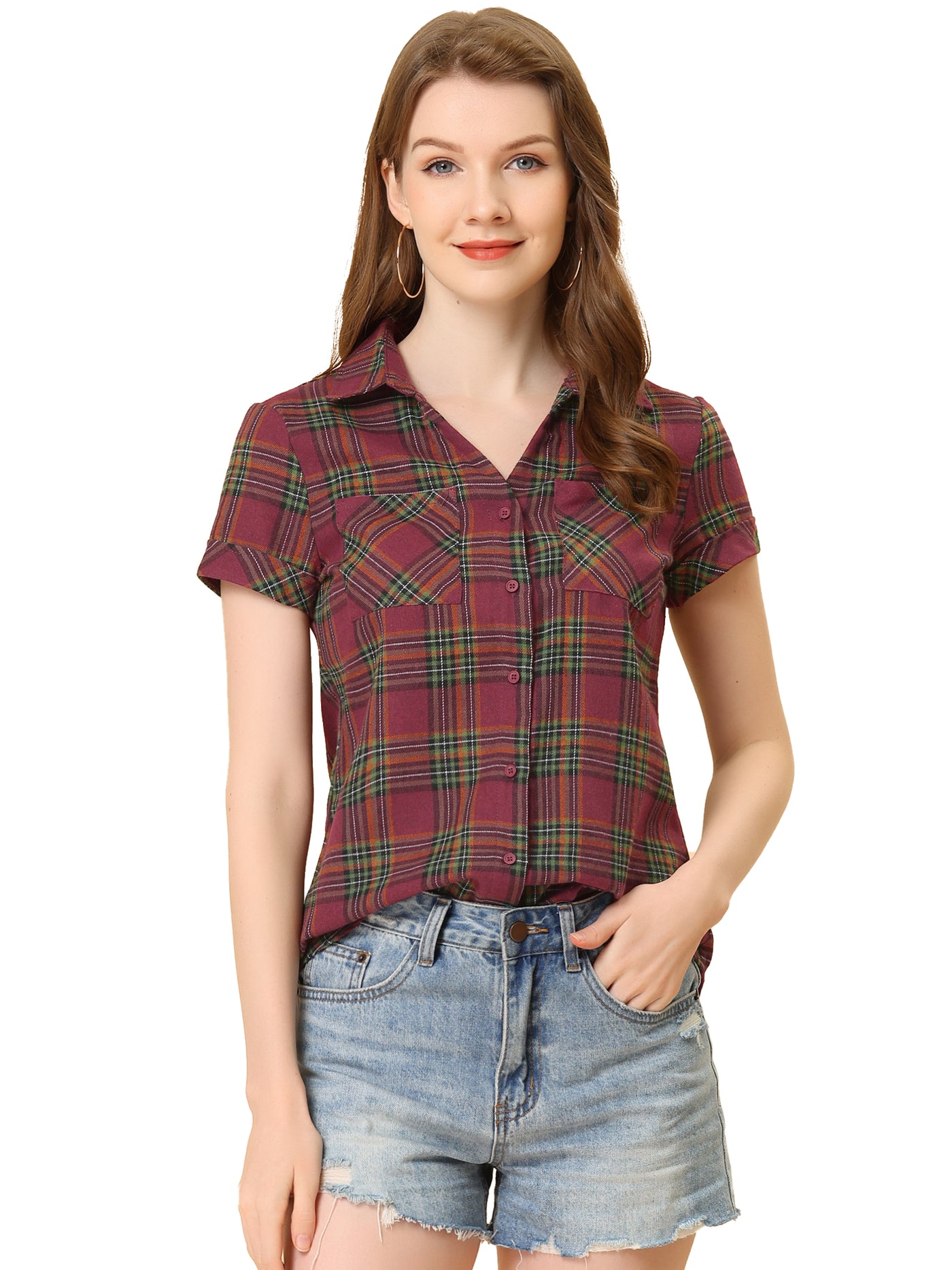 Allegra K Cotton Classic Button Down Plaid Short Sleeve Shirt