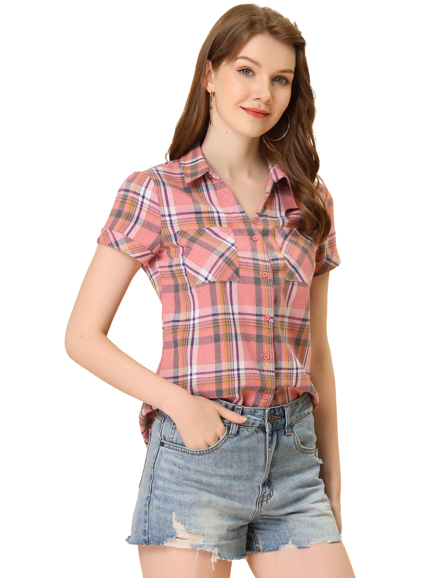 Allegra K Cotton Classic Button Down Plaid Short Sleeve Shirt