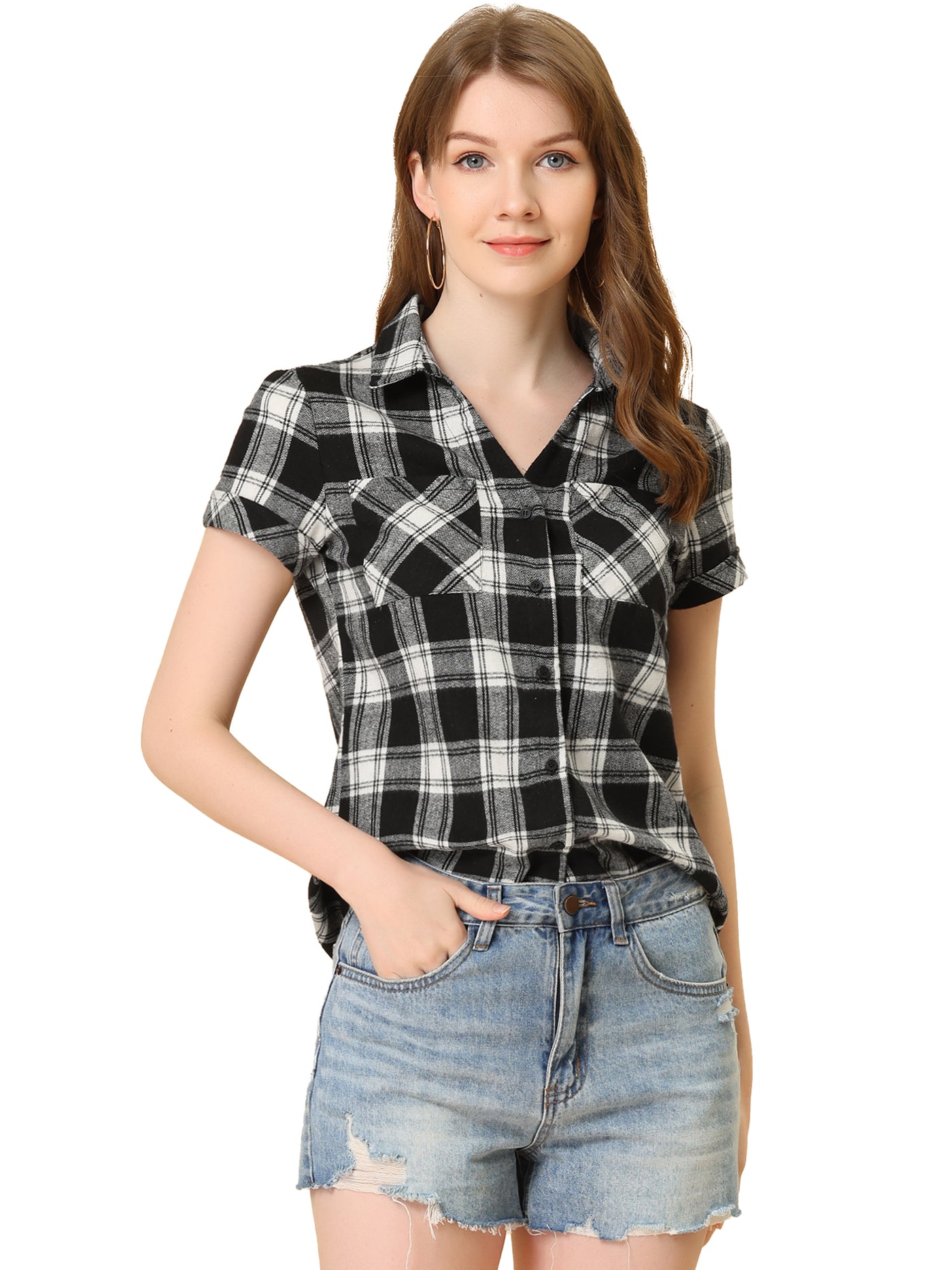 Allegra K Cotton Classic Button Down Plaid Short Sleeve Shirt