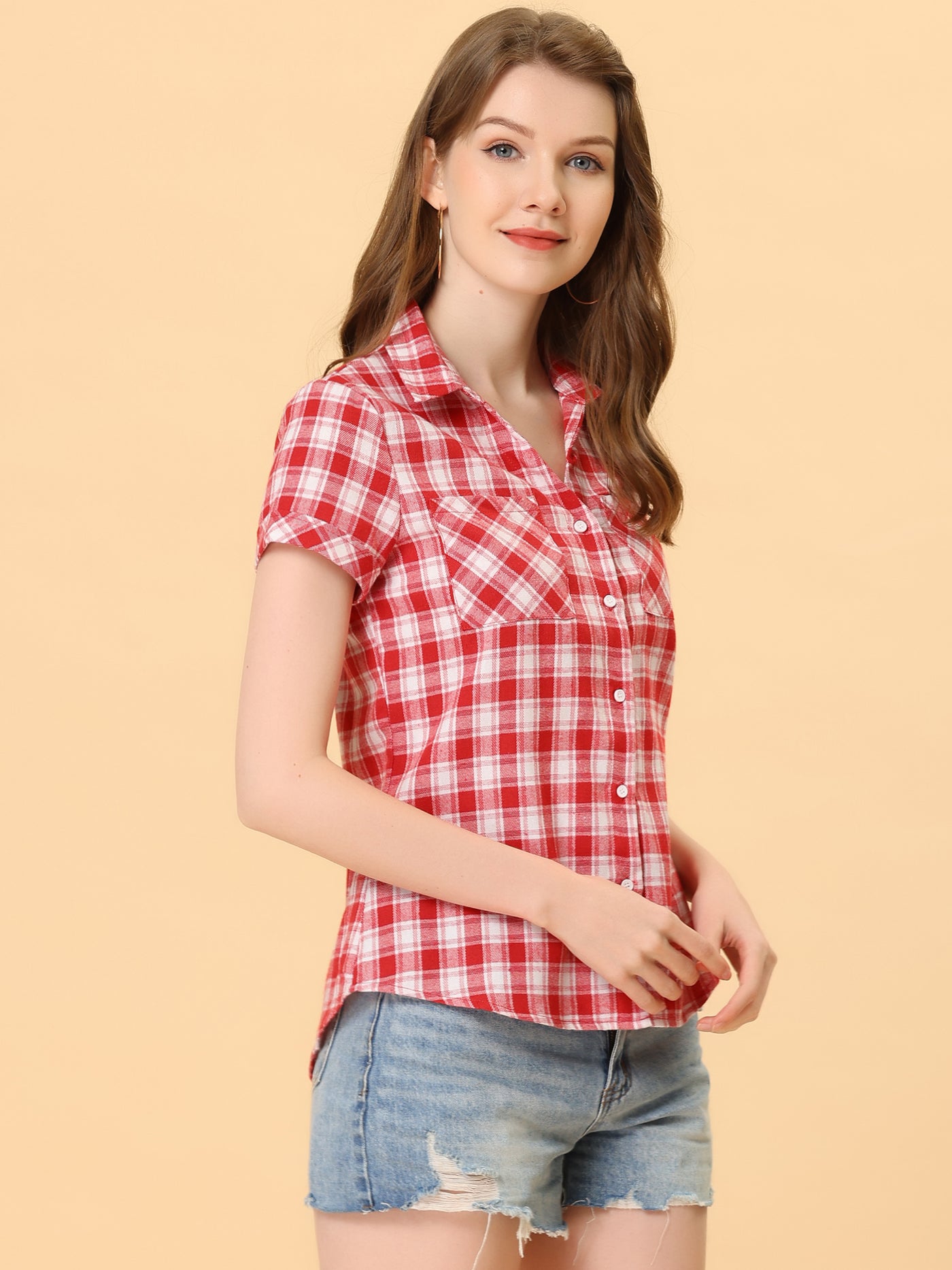 Allegra K Button Down Cotton Classic Western Plaid Shirt