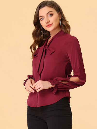 Work Blouse Elegant Bow Tie Neck Long Sleeve Shirt Top