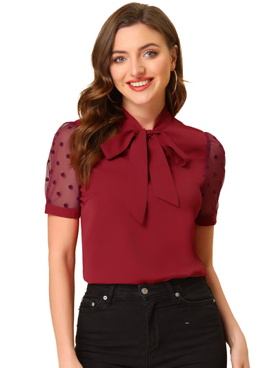 Bow Tie V Neck Stand Collar Short Mesh Sleeve Blouse