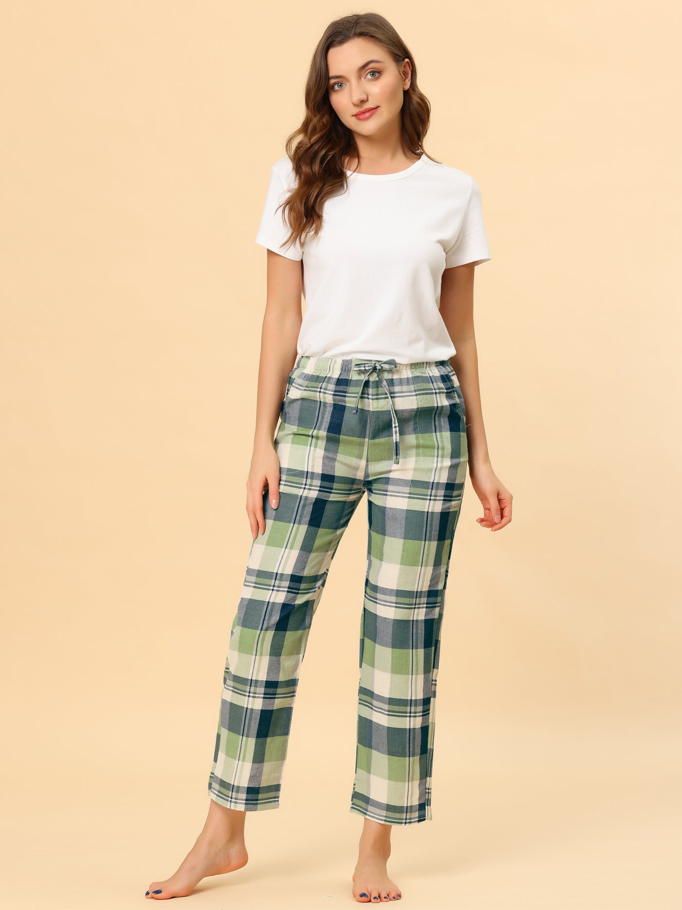 Allegra K Elastic Waist Pockets Sleepwear Plaid Pajamas Lounge Pants