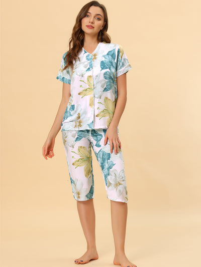 Lounge Floral Button Down Shirt Sleepwear Capri Pants Pajama Sets