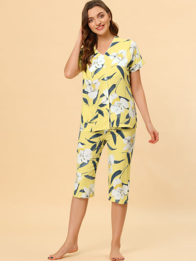 Lounge Floral Button Down Shirt Sleepwear Capri Pants Pajama Sets