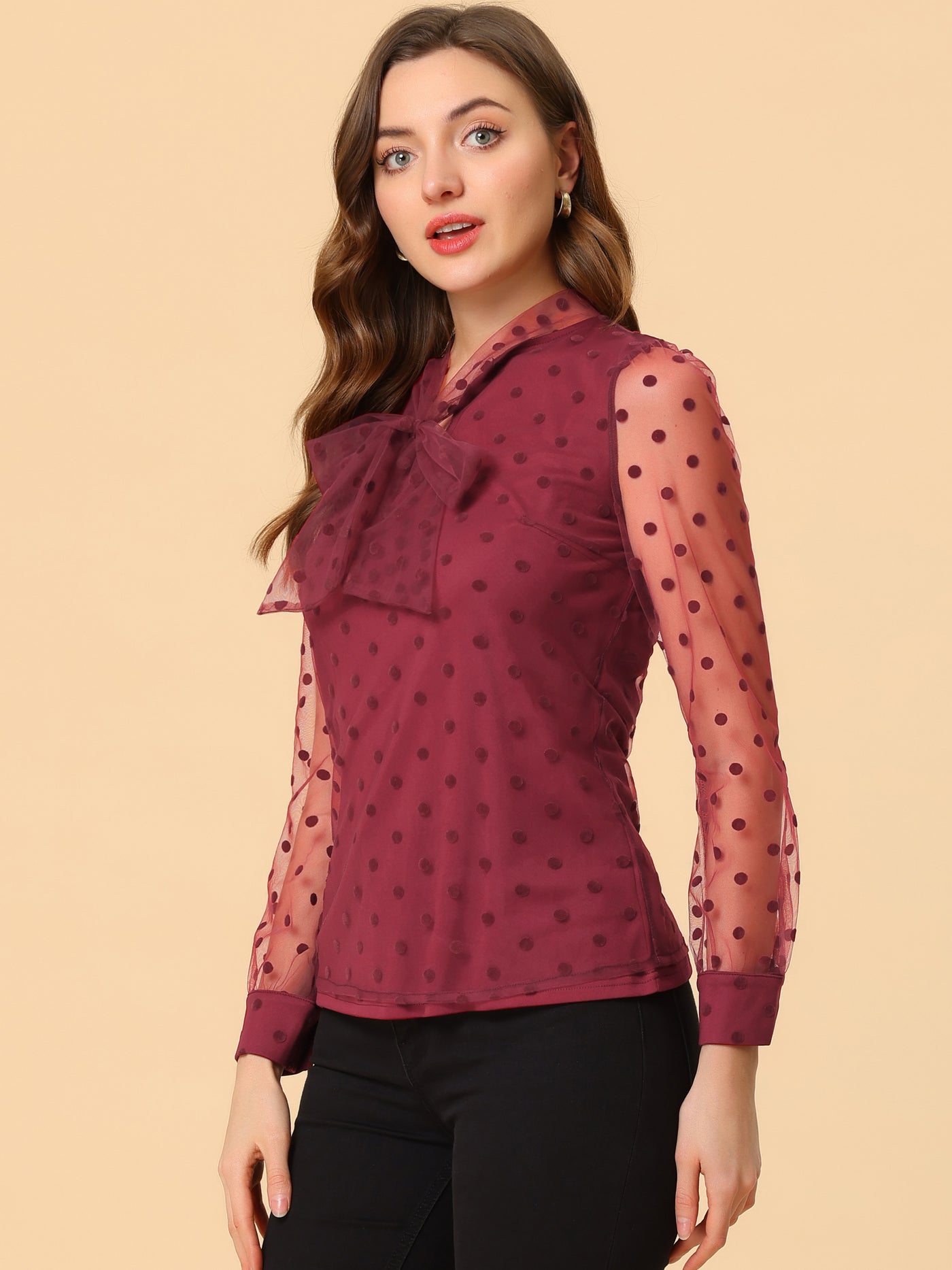 Allegra K Tie Neck Polka Dots Semi Sheer Long Sleeve Blouse