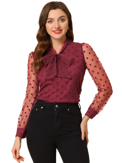 Tie Neck Polka Dots Semi Sheer Long Sleeve Blouse