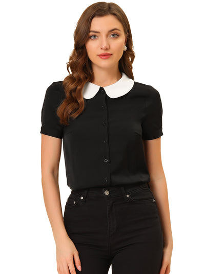 Peter Pan Contrast Collar Work Button Down Chiffon Shirt