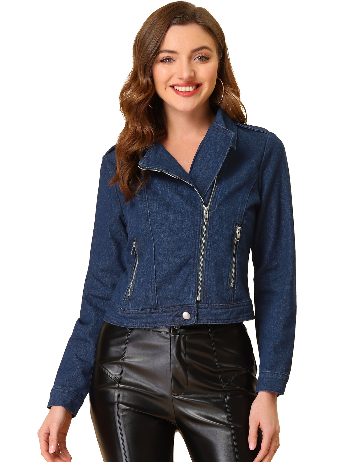 Allegra K Biker Notched Lapel Asymmetric Zip Moto Denim Jackets