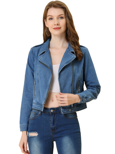 Biker Notched Lapel Asymmetric Zip Moto Denim Jackets