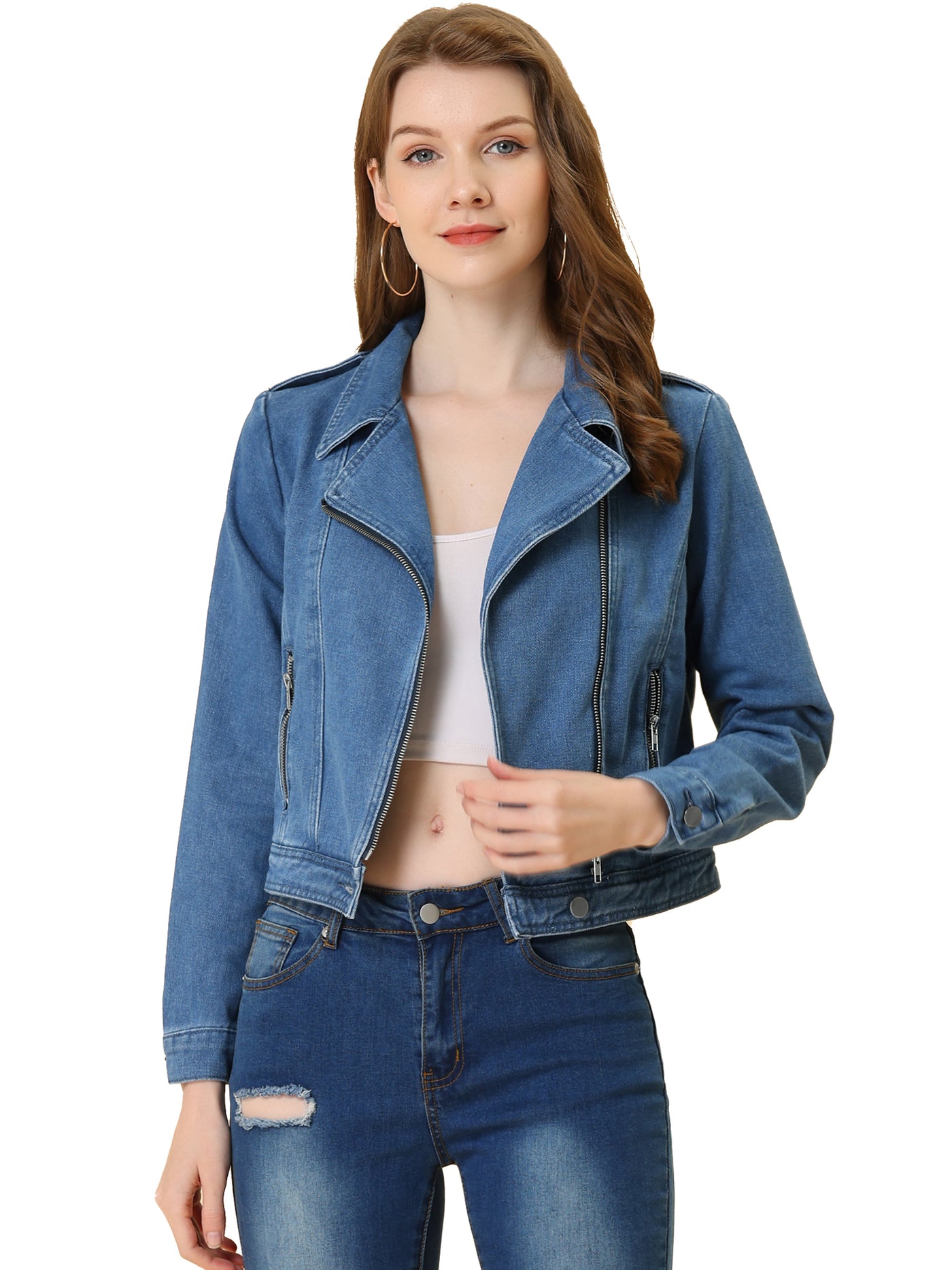 Allegra K Biker Notched Lapel Asymmetric Zip Moto Denim Jackets