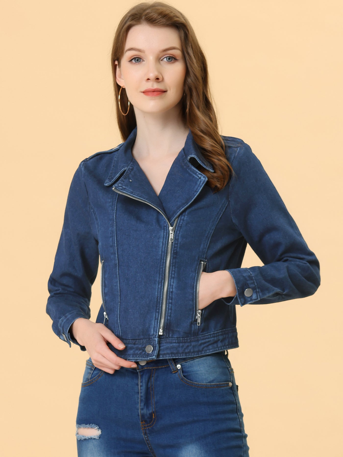 Allegra K Biker Notched Lapel Asymmetric Zip Moto Denim Jackets