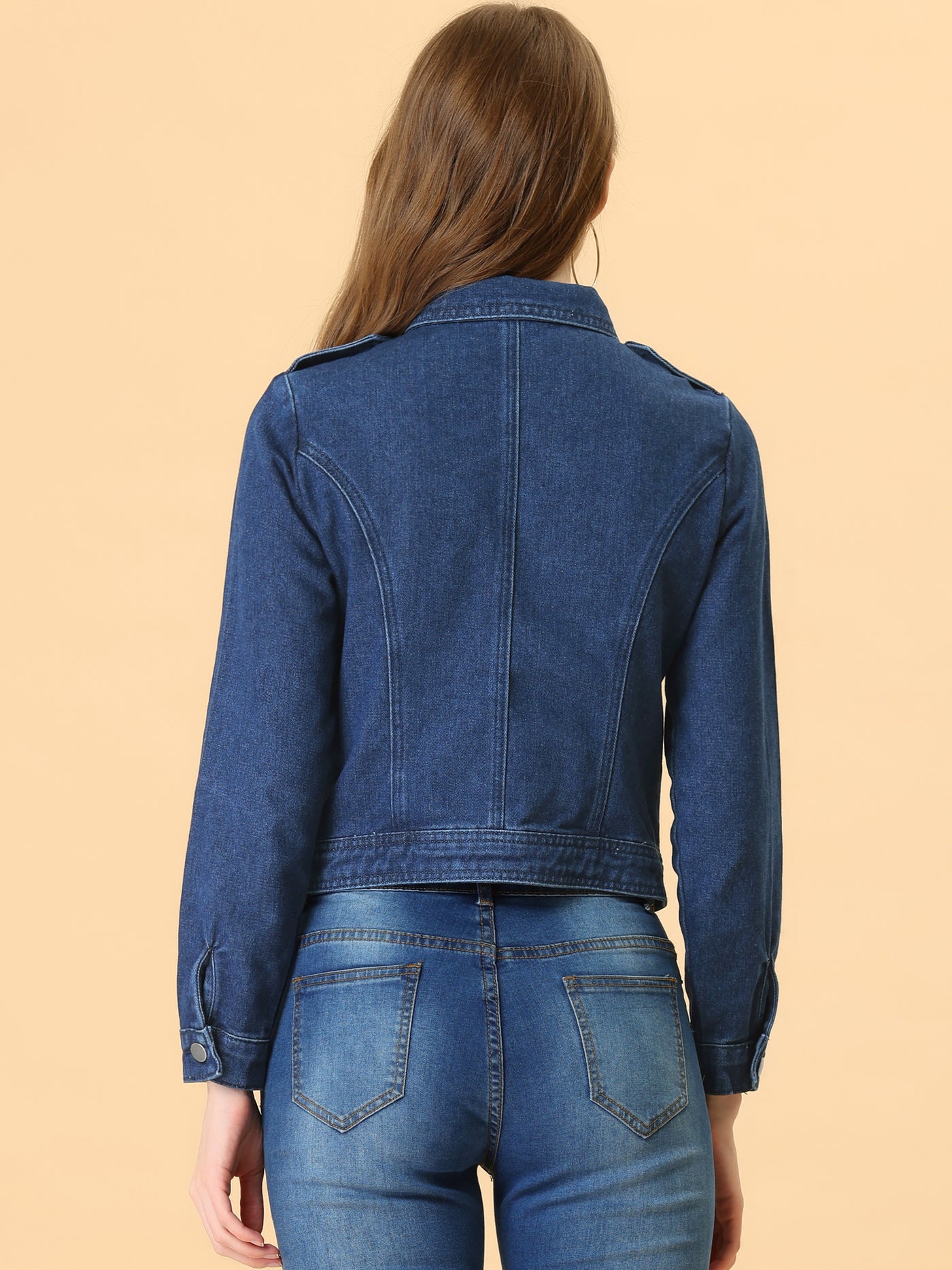 Allegra K Biker Notched Lapel Asymmetric Zip Moto Denim Jackets